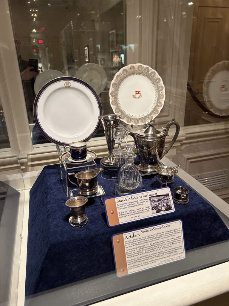 The Titanic Museum in Pigeon Forge displays over 400 personal and private artifacts for visitors to see. Authentic Titanic artifacts including a demitasse cup, saucer, and silver cream pitcher on display at the Titanic Museum Pigeon Forge.