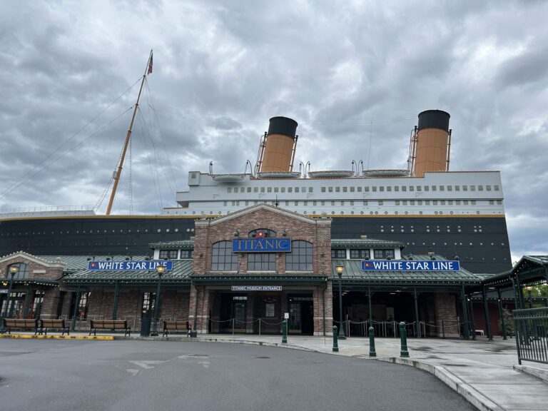 The massive Titanic Museum Pigeon Forge ship replica facade and White Star Line entrance gates in Tennessee.