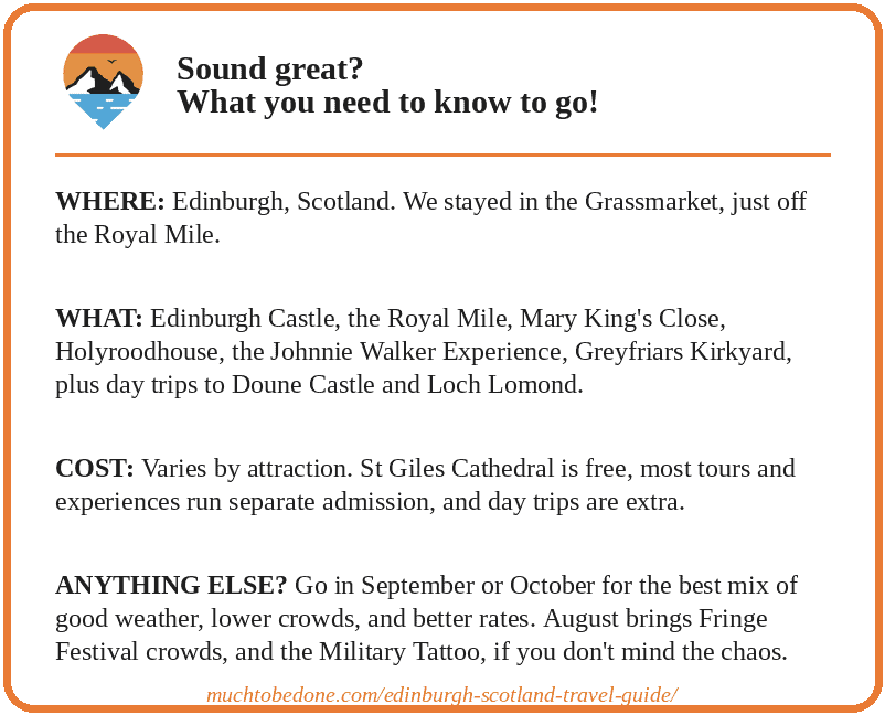 edinburgh scotland travel guide infographic showing where to stay, what to see, and when to visit edinburgh