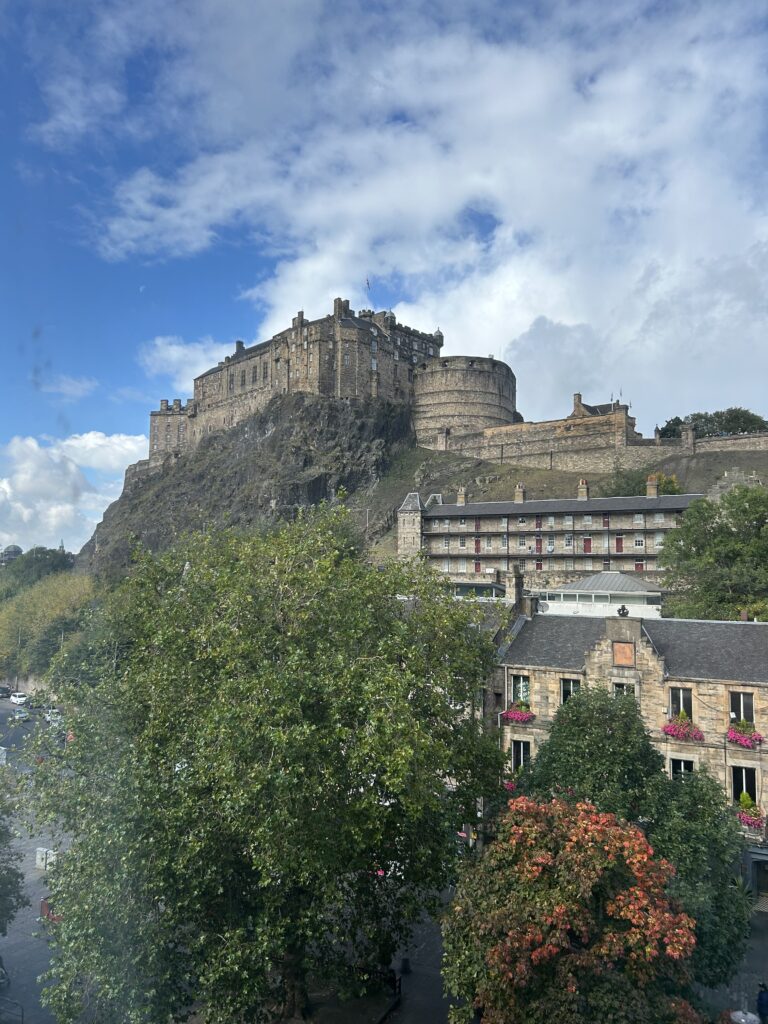 The stunning Edinburgh Castle view outside our room during an Edinburgh Scotland travel guide trip.