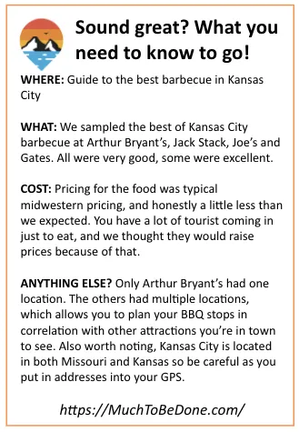 An informational visitor logistics infographic detailing restaurant stops, top menu items, and sauce styles for a Kansas City BBQ tour.