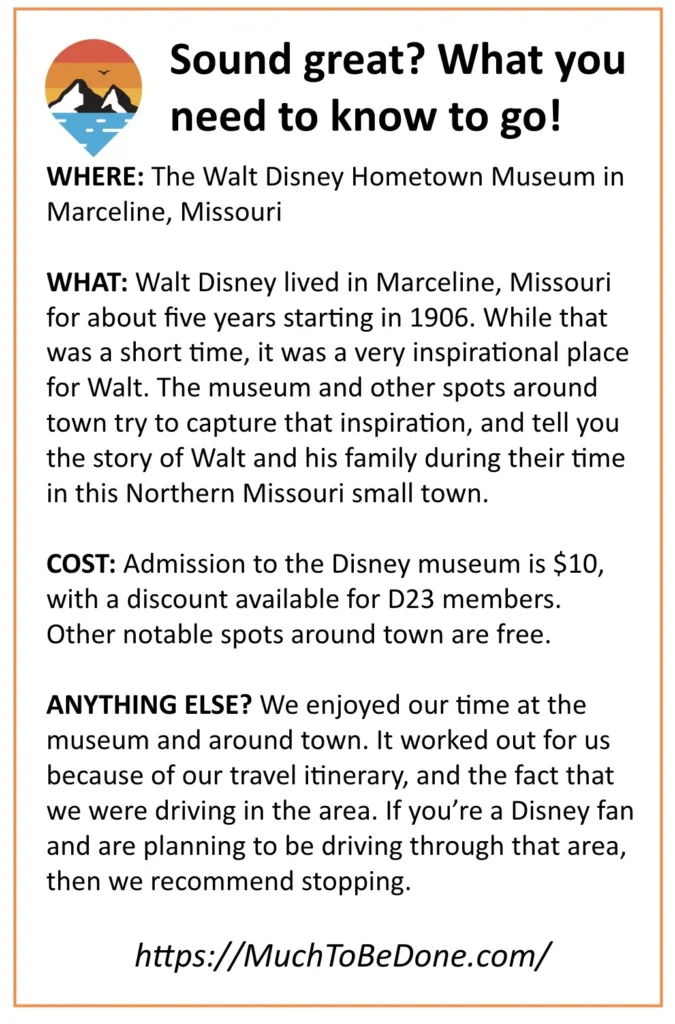 An informational visitor logistics infographic detailing ticket prices, operating hours, and exhibit highlights for a Walt Disney Hometown Museum tour.