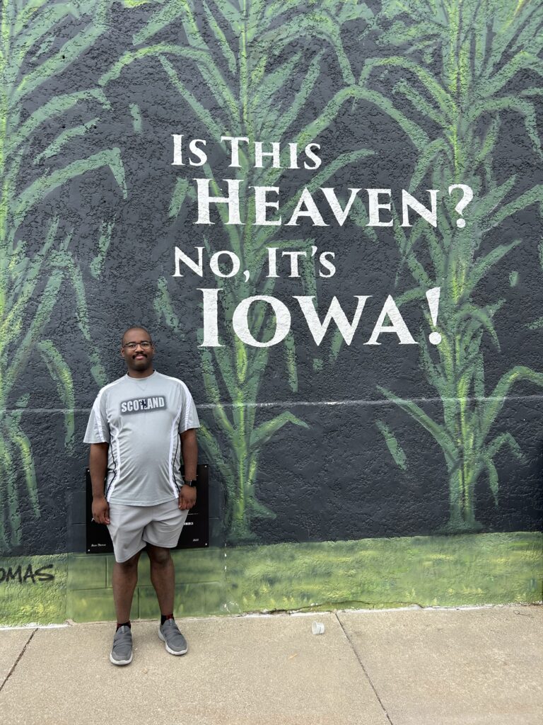 Public art in downtown Dyersville, Iowa that embraces the charm of the movie Field of Dreams. 
