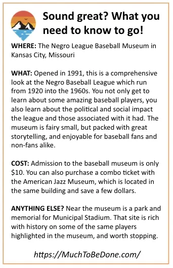 An informational visitor logistics infographic detailing admission prices, hours, and exhibit highlights for a Negro Leagues Baseball Museum tour.