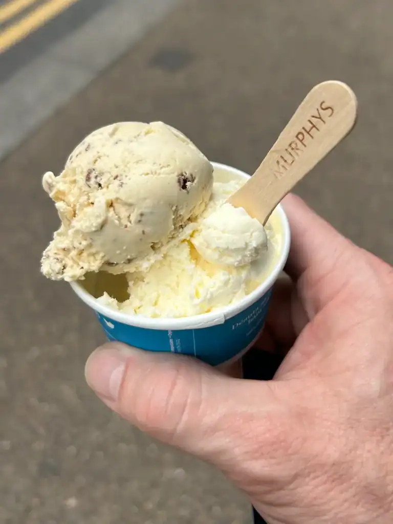 Two scoops of Murphy's Ice Cream, featuring their two most popular flavors. For those that cannot decide, try a scoop of the Dingle Sea Salt ice cream and Irish Brown Bread ice cream. Two scoops of Murphy's Ice Cream, featuring their two most popular flavors. For those that cannot decide, try a scoop of the Dingle Sea Salt ice cream and Irish Brown Bread ice cream.