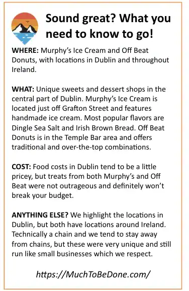 An informational visitor logistics infographic detailing top sweet shops, prices, and travel tips for a Dublin desserts tour.
