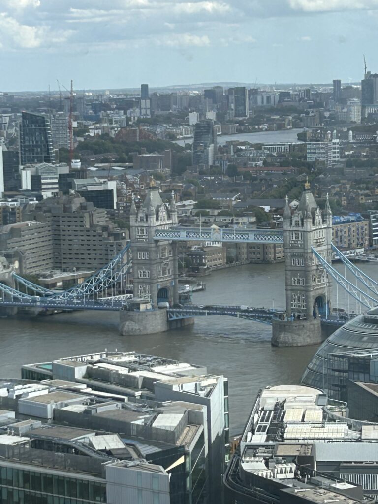 Amazing views of the London skyline are available from every angle, including this gorgeous view of Tower Bridge over the River Thames. The spectacular aerial view of Tower Bridge and the River Thames from our table at the Peter Pan tea at The Shard.