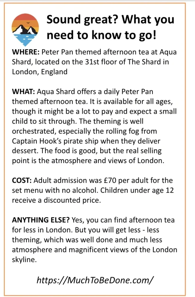 An informational visitor logistics infographic detailing the menu highlights, pricing, and reservation tips for the Peter Pan tea at The Shard.