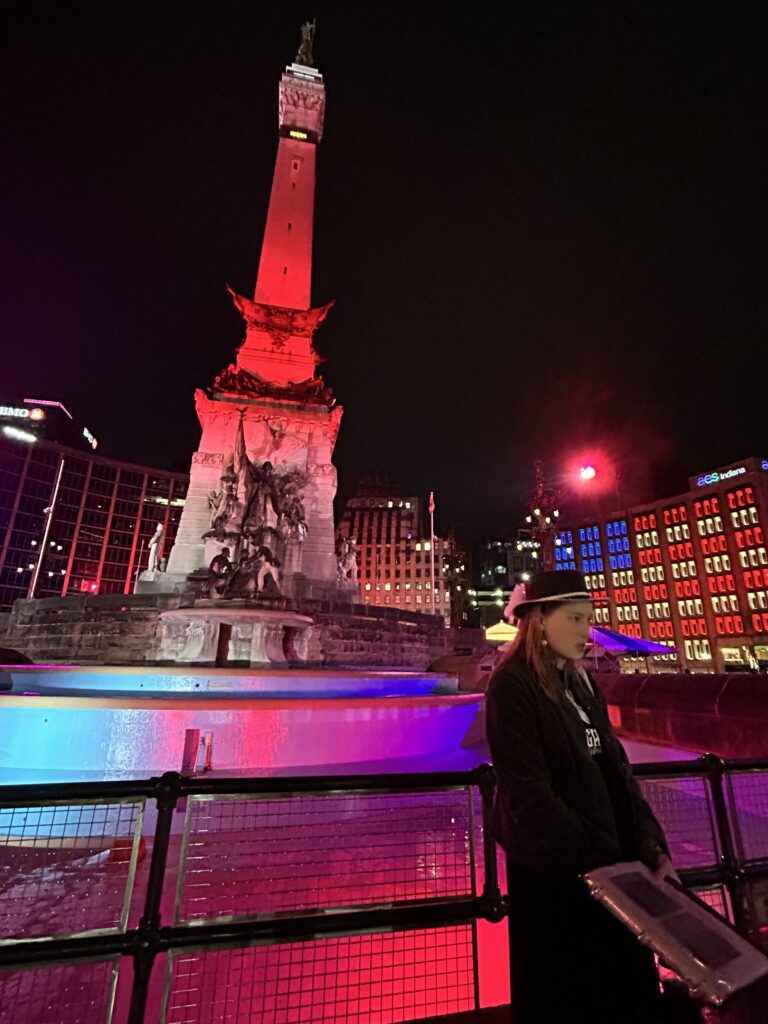 An atmospheric night view of the Soldiers and Sailors Monument on Monument Circle from our haunted Indy ghost tour guide.
