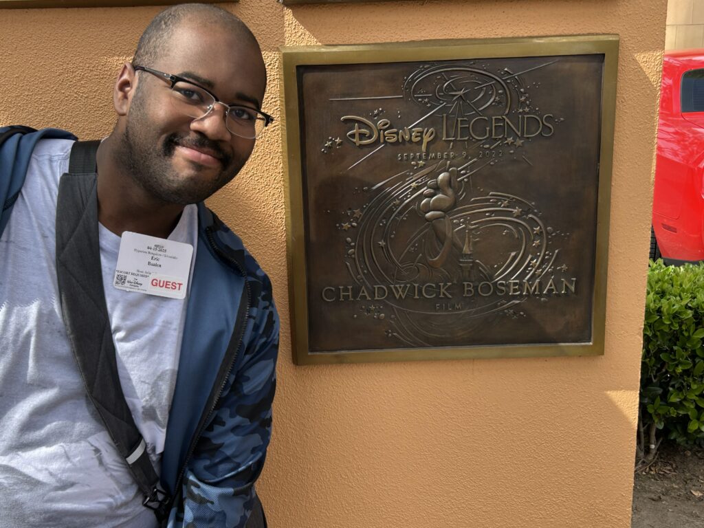 Disney legends and the latest stars are honored at Legends Plaza. You will find memorials for Disney classics as well as members of the Marvel Universe. The bronze Chadwick Boseman Disney Legends handprint plaque display at Legends Plaza during a Walt Disney Studios tour in California.