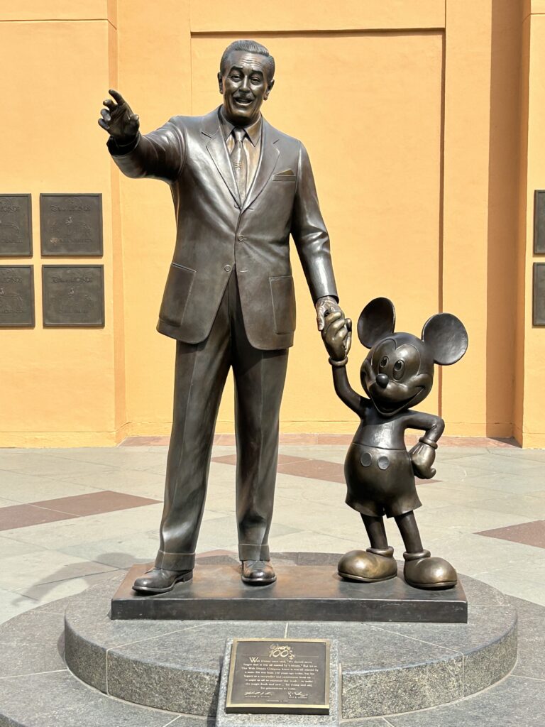 The iconic Partners statue of Walt Disney and Mickey Mouse in front of the Team Disney building during a Walt Disney Studios tour in California.
