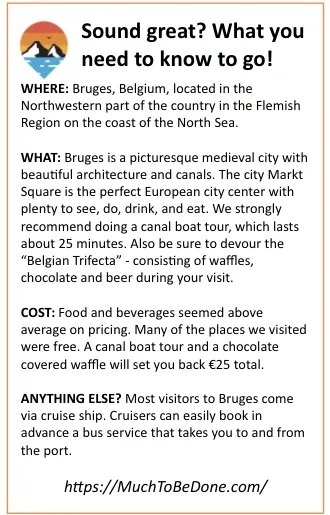 An informational visitor summary box outlining logistics, top sights, and travel tips for a Bruges day trip.