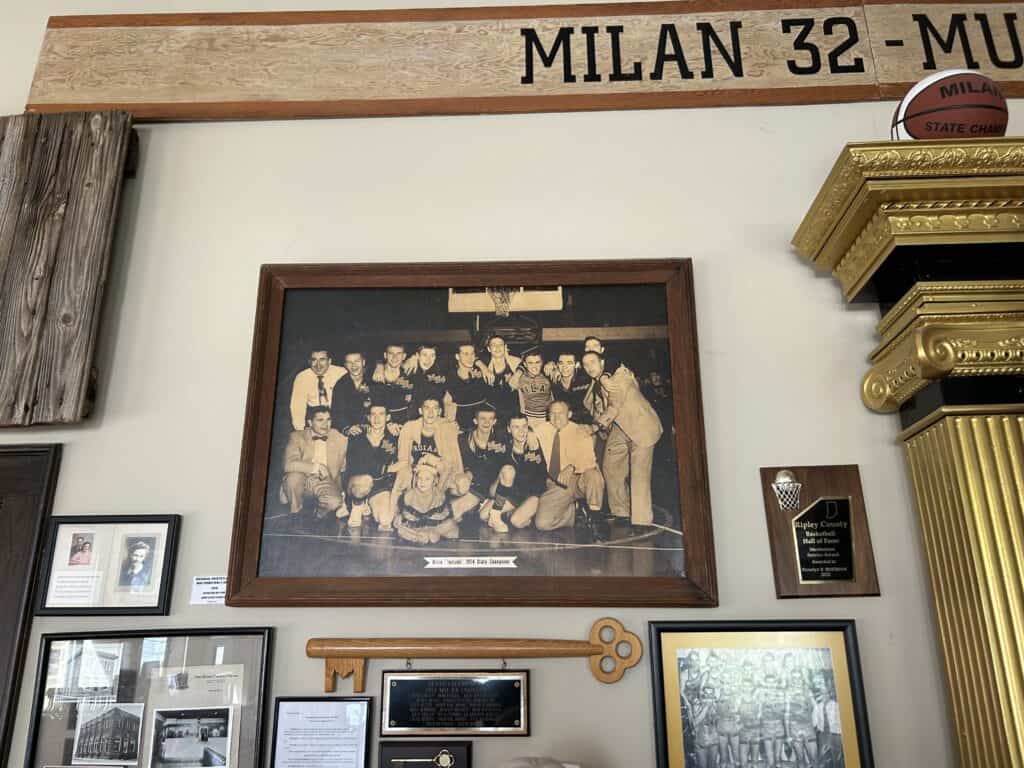 The historic black-and-white 1954 Milan basketball Indiana state championship team photograph.