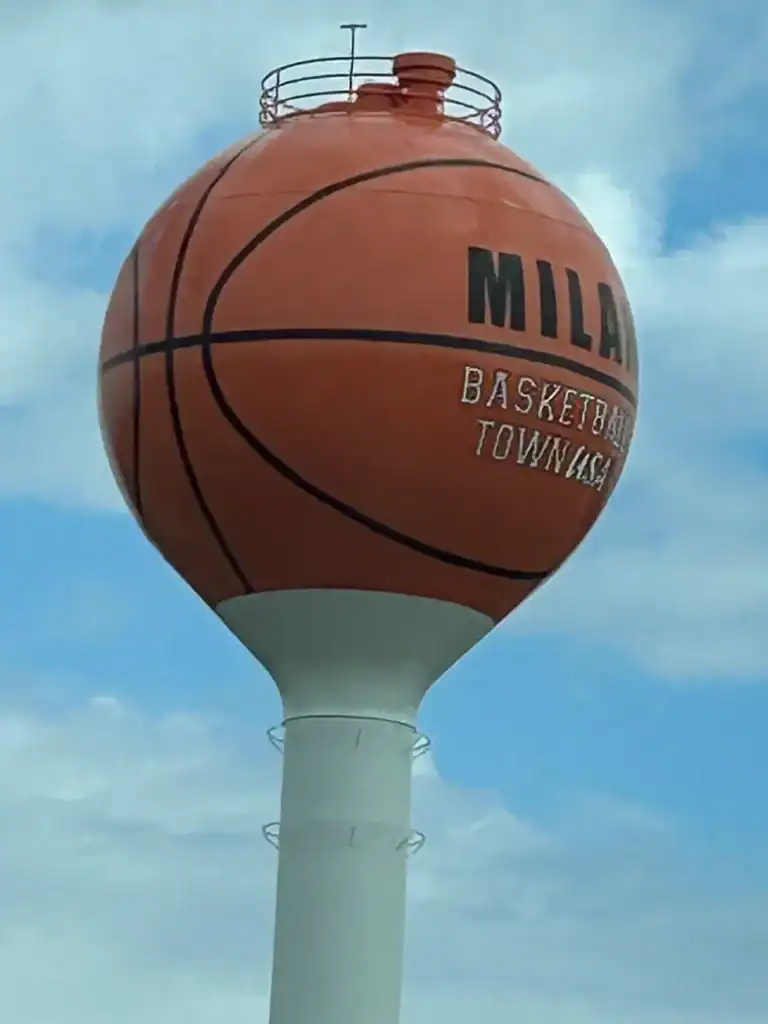 The iconic small-town water tower painted with a tribute to the 1954 Milan basketball Indiana state champions.