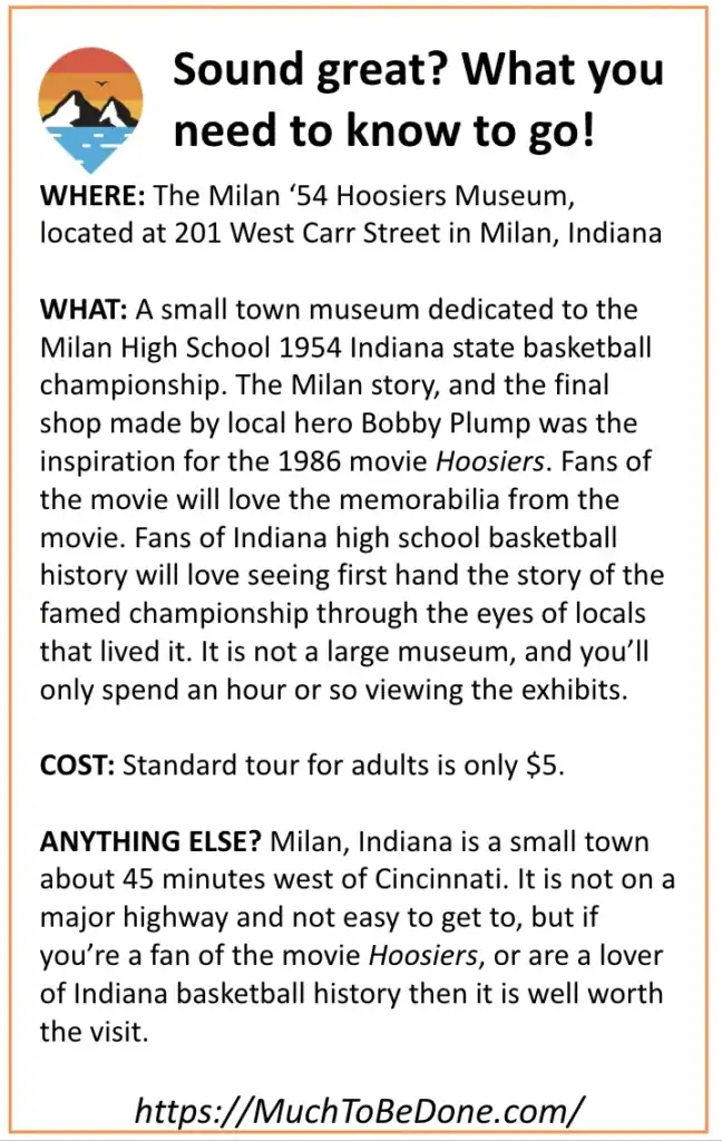 An informational visitor summary box detailing the Milan 1954 Museum location, hours, and logistics for a Milan basketball Indiana history trip.