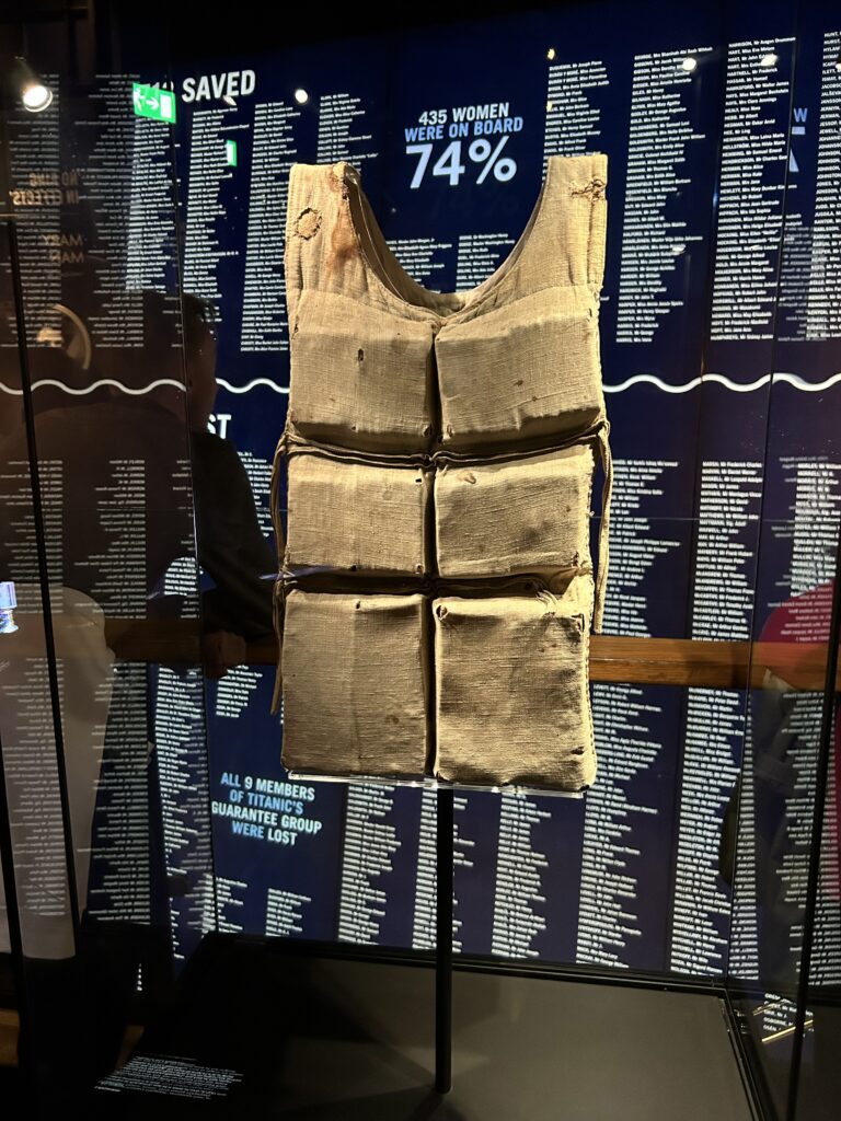 Titanic lifevest An authentic canvas Titanic life jacket on display, a moving artifact featured in our Titanic Belfast review.