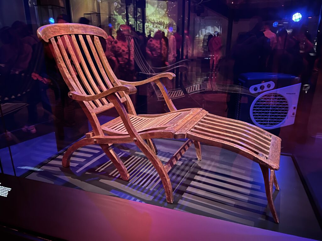 Deck chair from Titanic An original wooden deck chair recovered from the shipwreck, on display for our Titanic Belfast review.
