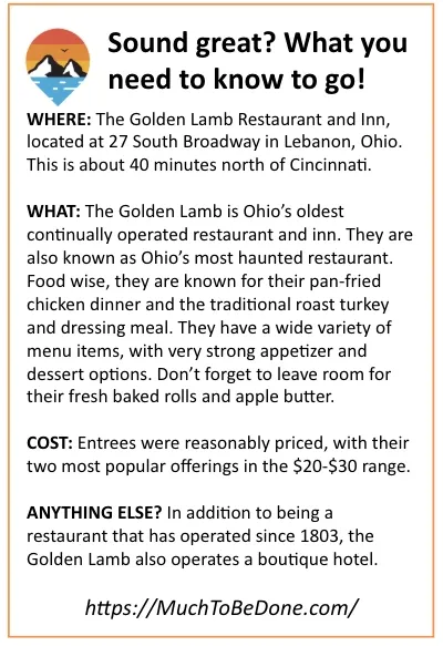 A visitor information summary box detailing the location, operating hours, and dining options for The Golden Lamb restaurant and inn.