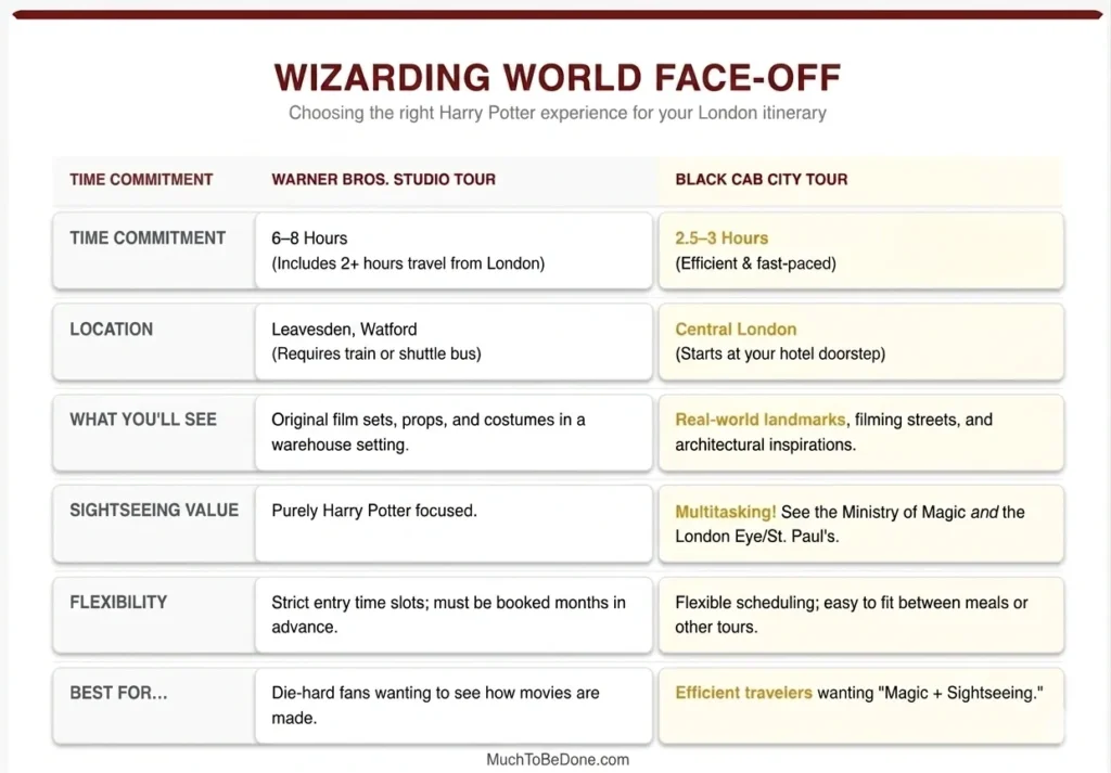 A comparison chart infographic titled Wizarding World Face-Off, contrasting the Warner Bros. Studio Tour with a Harry Potter London black taxi cab city tour.