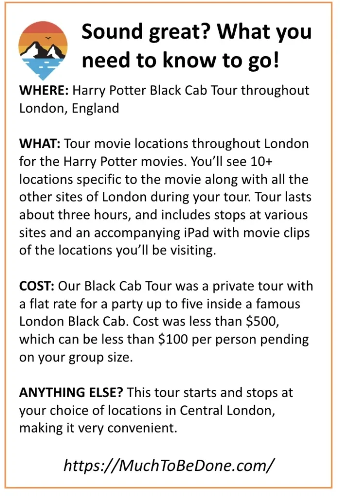 An informational summary card detailing the cost, locations, and itinerary logistics for a Harry Potter London black cab tour.