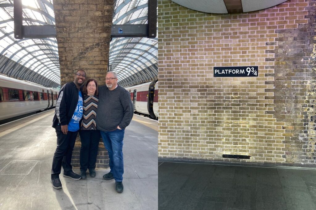 A split photo showing visitors on a train platform and the official Platform 9 3/4 sign on the brick wall at King's Cross Station during a Harry Potter London tour.
