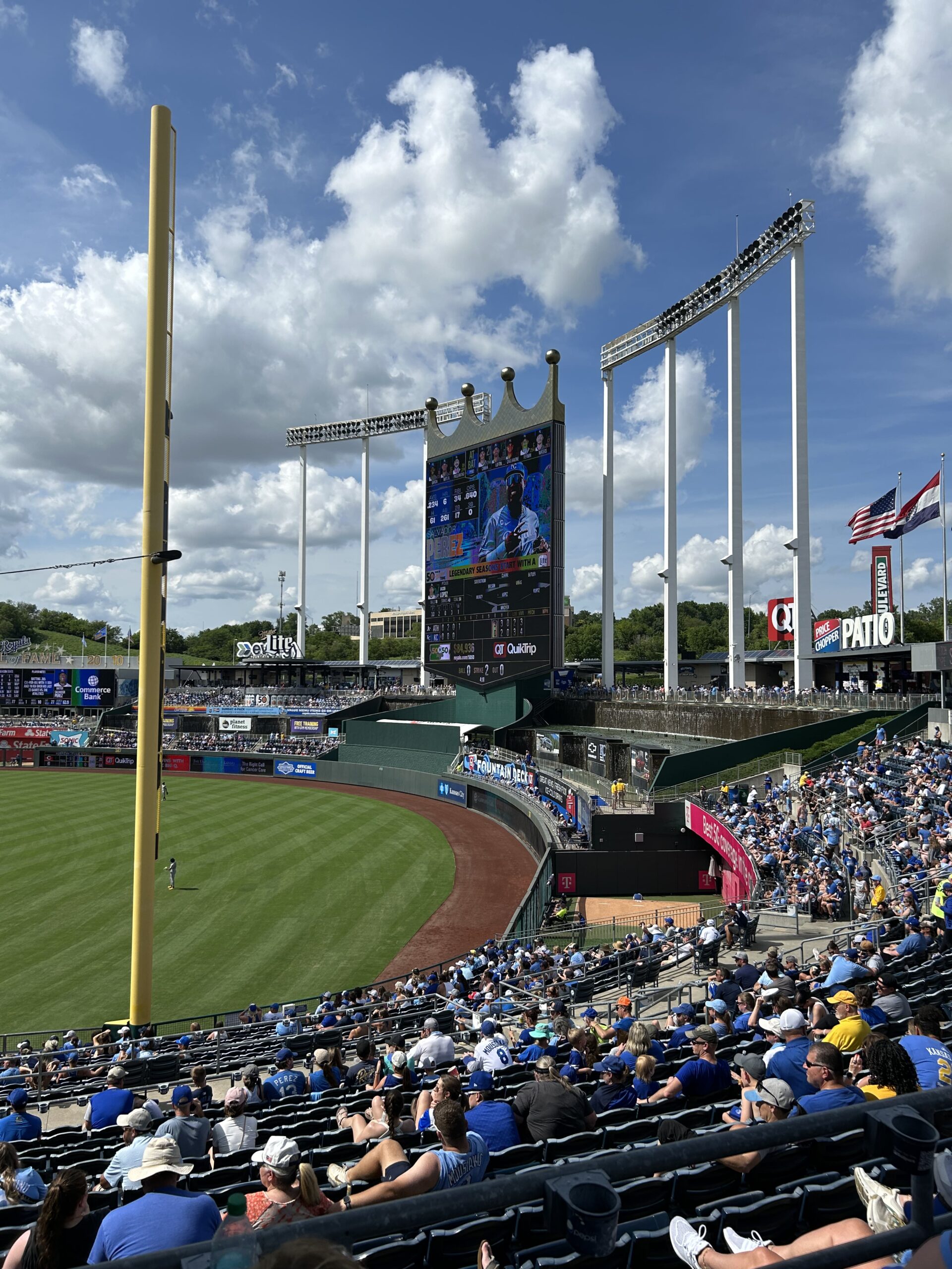Baseball tourism guide outfield scoreboard and foul pole at Kauffman Stadium in Kansas City Missouri