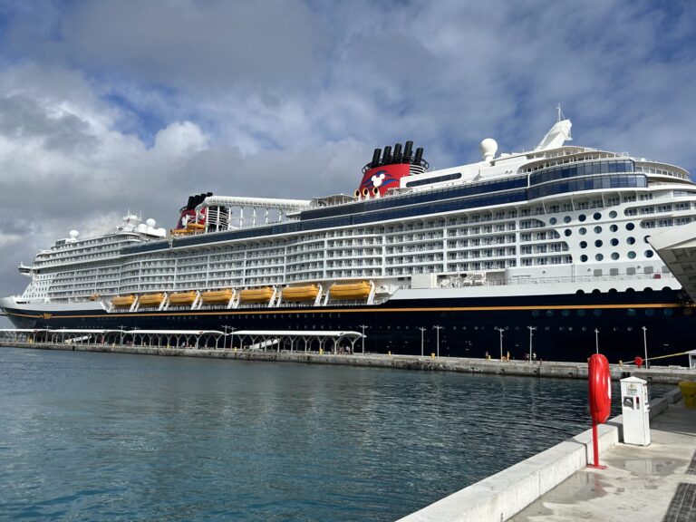 Disney Cruise tips featuring the Disney Wish cruise ship in port