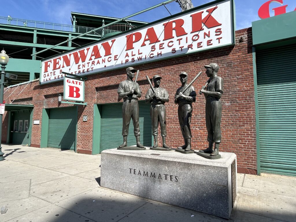 The historic Teammates statue honoring Red Sox legends outside the stadium gates, captured during our Fenway Park tour.