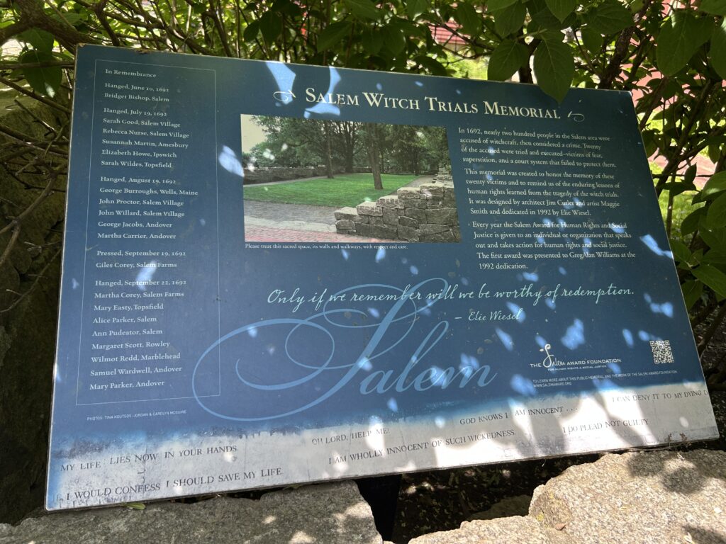 salem day trip from boston featuring the witch trials memorial sign
